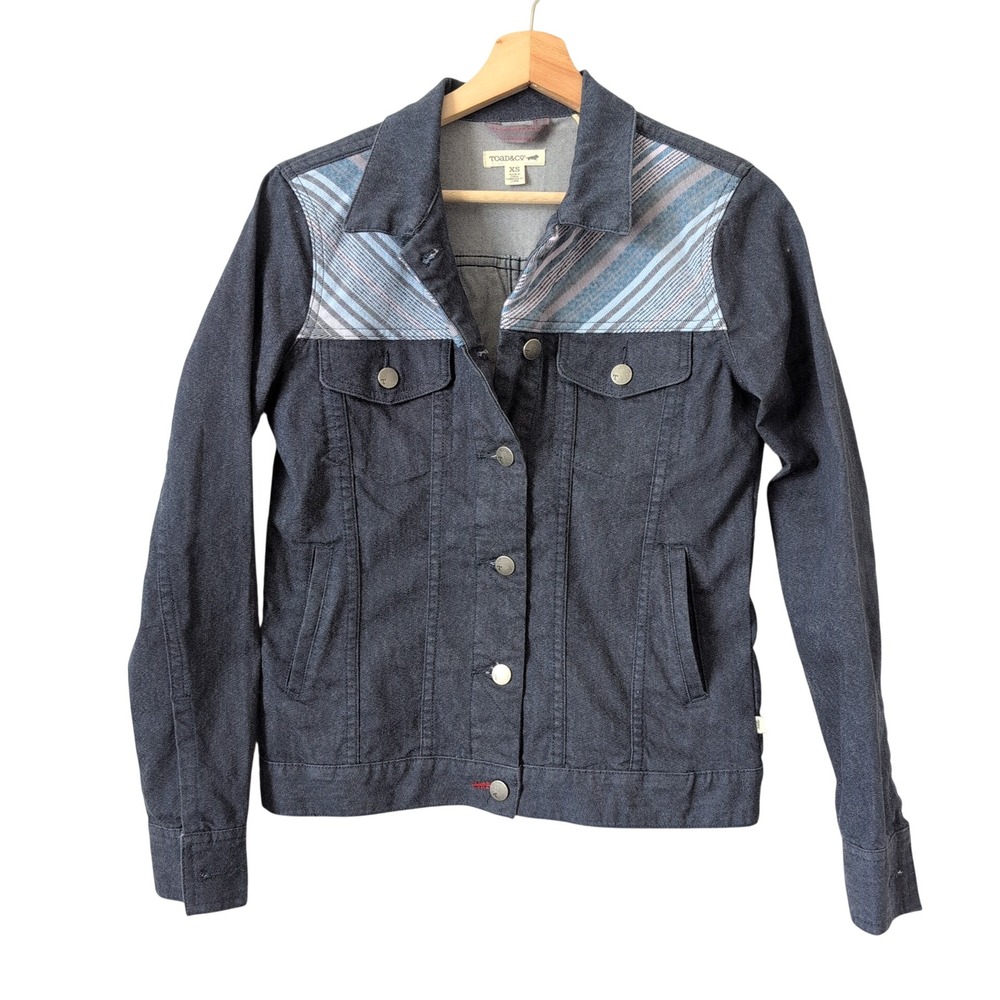 Toad&Co Womens XS Denim Trucker Jacket Dark Wash Chevron Stripe Norma Organic